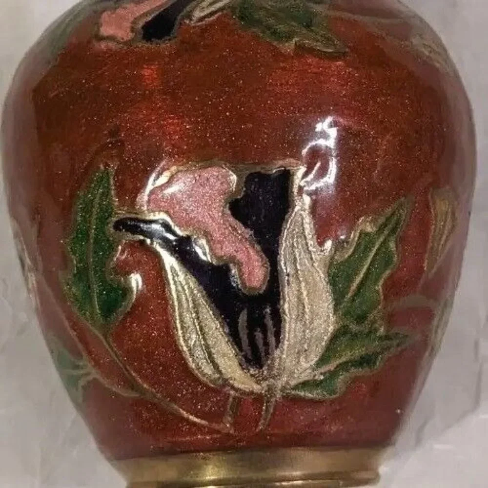Cloisonne Ginger Jar Vase Mini Bronze Enamel Lotus Floral India Urn Lid Vtg 4
